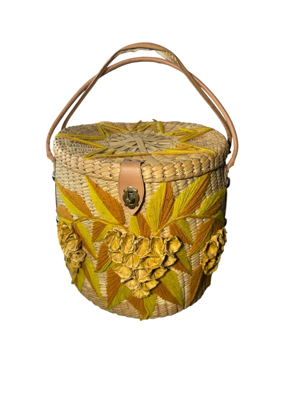 Vintage Raffia Basket Purse w/ Lid Floral Appliqué Boho Woven Straw Bag